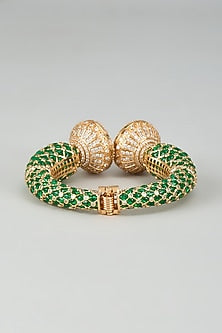 Gold Finish Kundan Polki & Cubic Zirconia Green Meenakari Kada