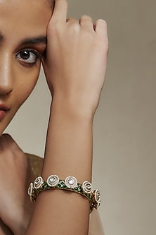 Gold Finish Kundan Polki Green Meenakari Pacheli Bangles