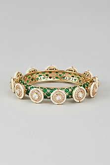 Gold Finish Kundan Polki Green Meenakari Pacheli Bangles
