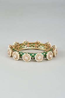 Gold Finish Kundan Polki Green Meenakari Pacheli Bangles