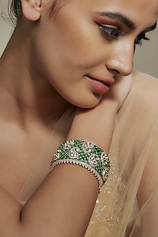 Gold Finish Kundan Polki & White Beaded Green Meenakari Kada