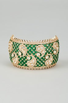 Gold Finish Kundan Polki & White Beaded Green Meenakari Kada