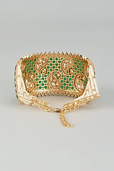 Gold Finish Kundan Polki & White Beaded Green Meenakari Kada
