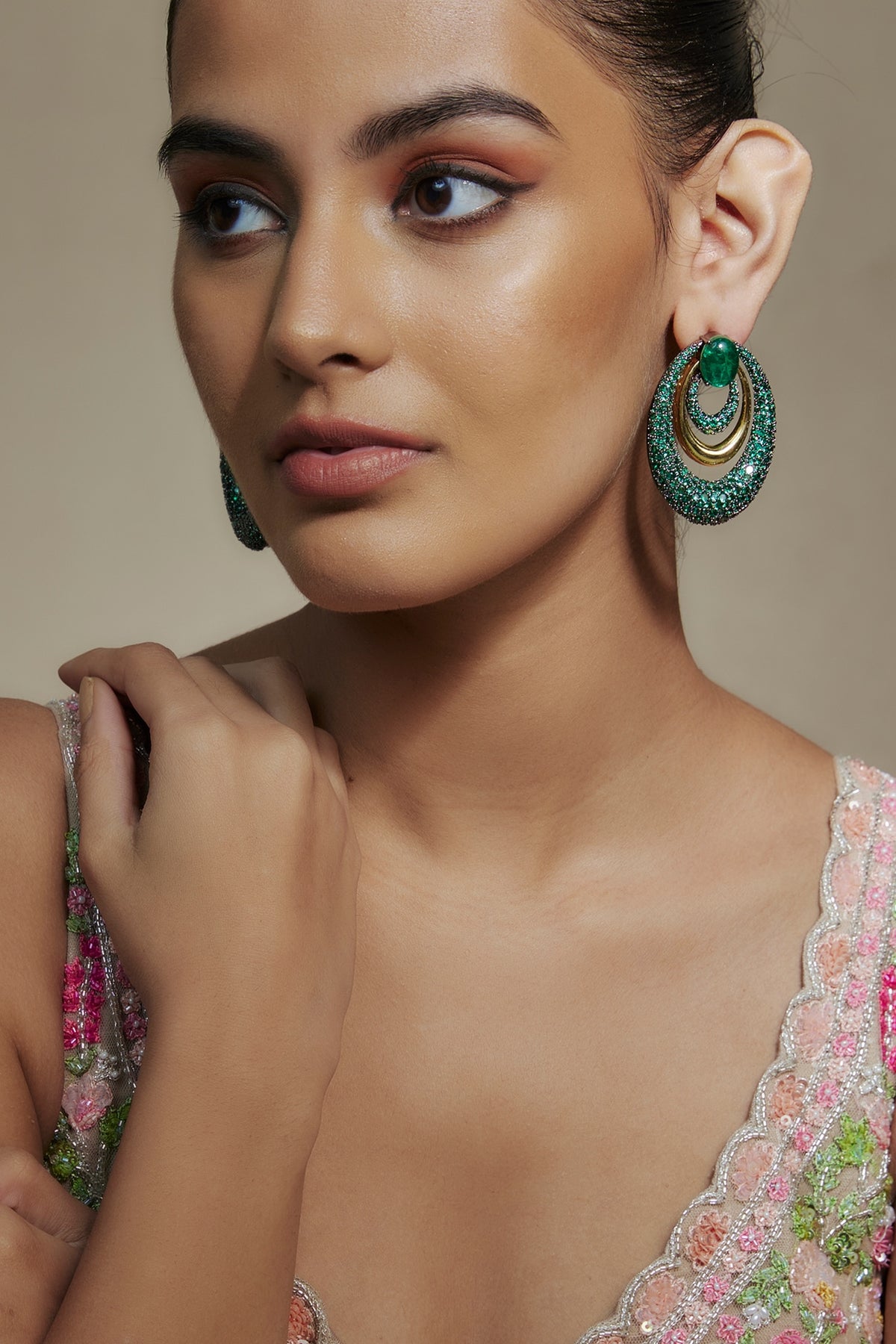 Gold Finish Green Cubic Zirconia & Emerald Doublet Dangler Earrings