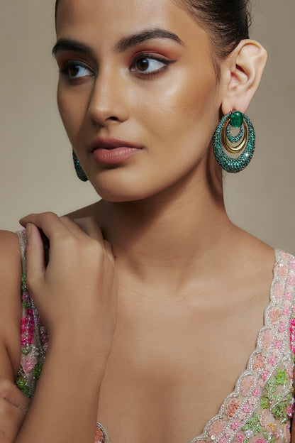 Gold Finish Green Cubic Zirconia & Emerald Doublet Dangler Earrings
