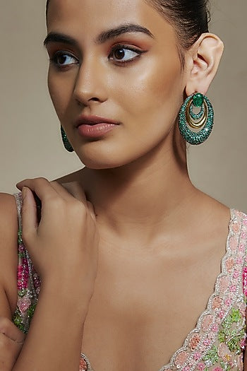 Gold Finish Green Cubic Zirconia & Emerald Doublet Dangler Earrings