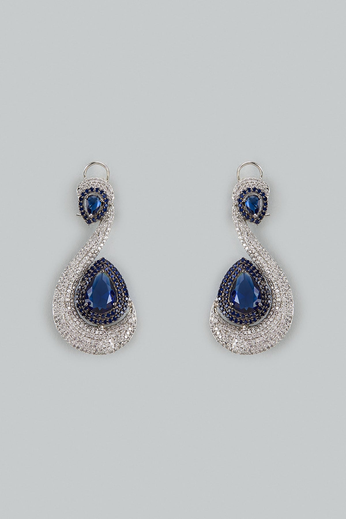 White Finish Cubic Zirconia & Blue Stone Dangler Earrings