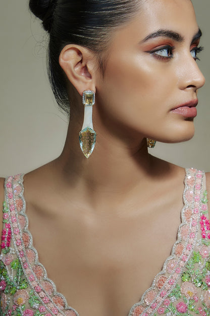 White Finish Cubic Zirconia & Mother Of Pearl Dangler Earrings