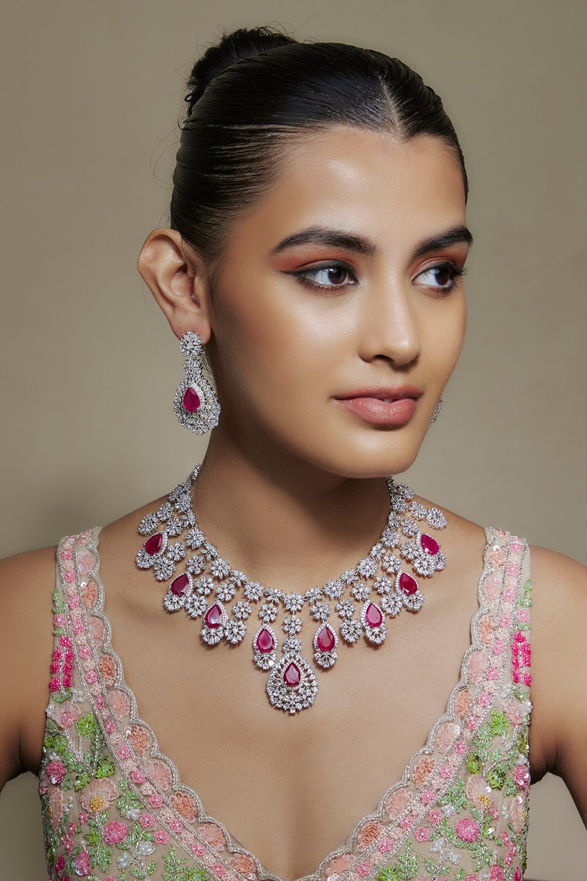 White Finish Ruby Stone & Cubic Zirconia Necklace Set