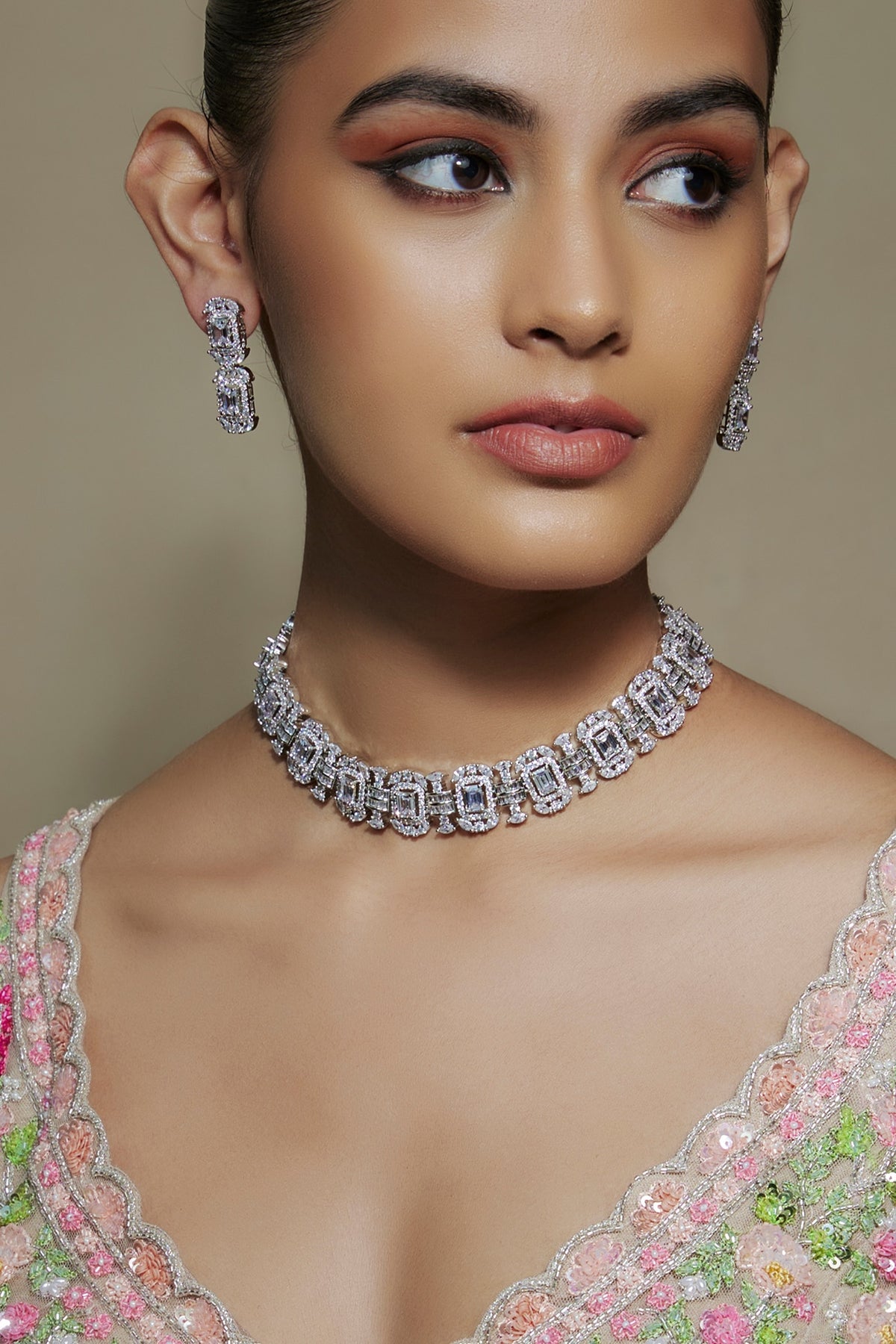 White Finish Cubic Zirconia Choker Necklace Set