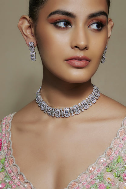 White Finish Cubic Zirconia Choker Necklace Set