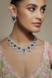 White Finish Cubic Zirconia & Emerald Stone Necklace Set