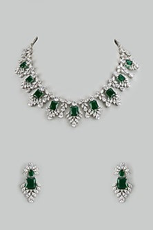 White Finish Cubic Zirconia & Emerald Stone Necklace Set