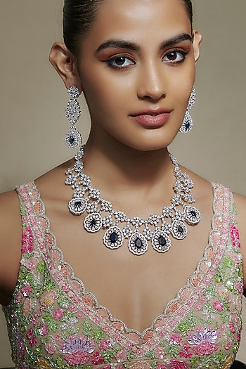 White Finish Cubic Zirconia & Sapphire Stone Necklace Set