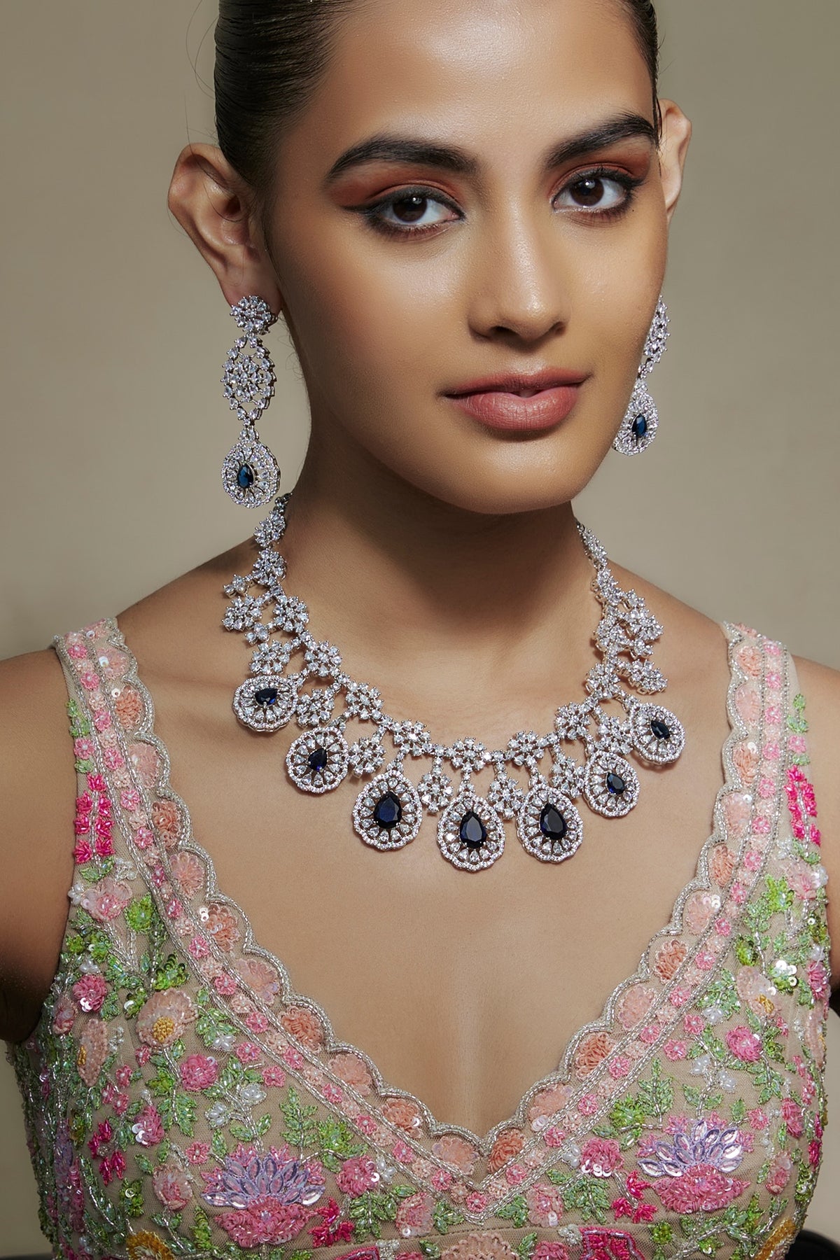 White Finish Cubic Zirconia & Sapphire Stone Necklace Set