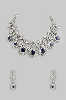 White Finish Cubic Zirconia & Sapphire Stone Necklace Set