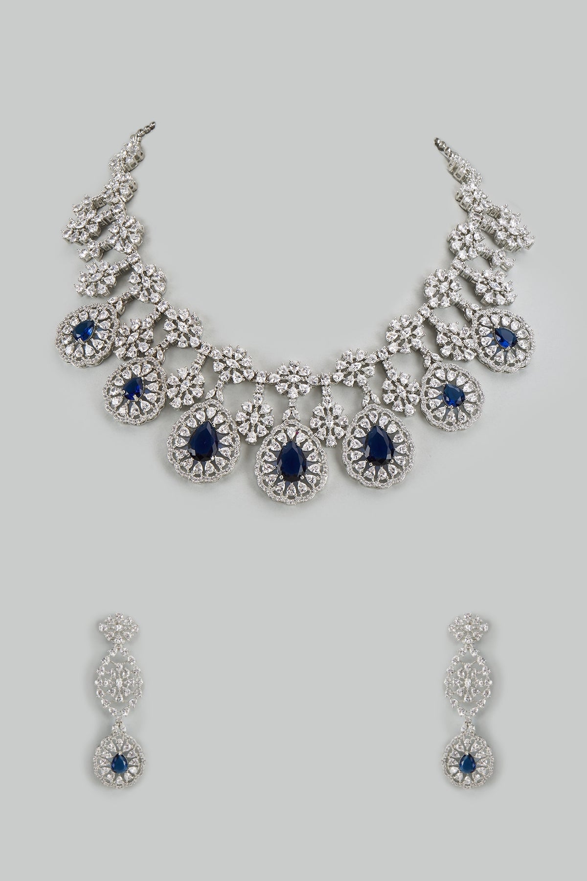 White Finish Cubic Zirconia & Sapphire Stone Necklace Set
