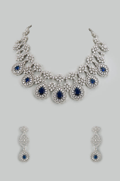 White Finish Cubic Zirconia & Sapphire Stone Necklace Set