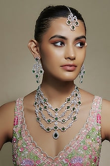 White Finish Cubic Zirconia & Emerald Stone Layered Necklace Set