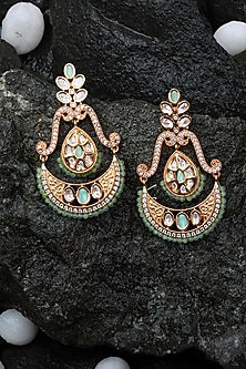 Gold Finish Faux Diamond & Mint Beaded Chandbaali Earrings