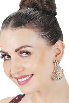 Gold Finish Faux Diamond & Mint Beaded Chandbaali Earrings