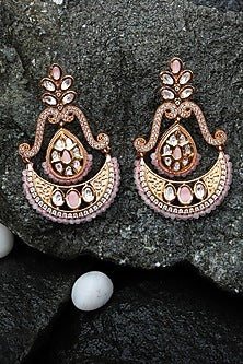 Gold Finish Faux Diamond & Pink Beaded Chandbaali Earrings