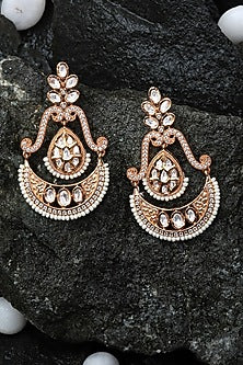 Gold Finish Faux Diamond & White Beaded Chandbaali Earrings