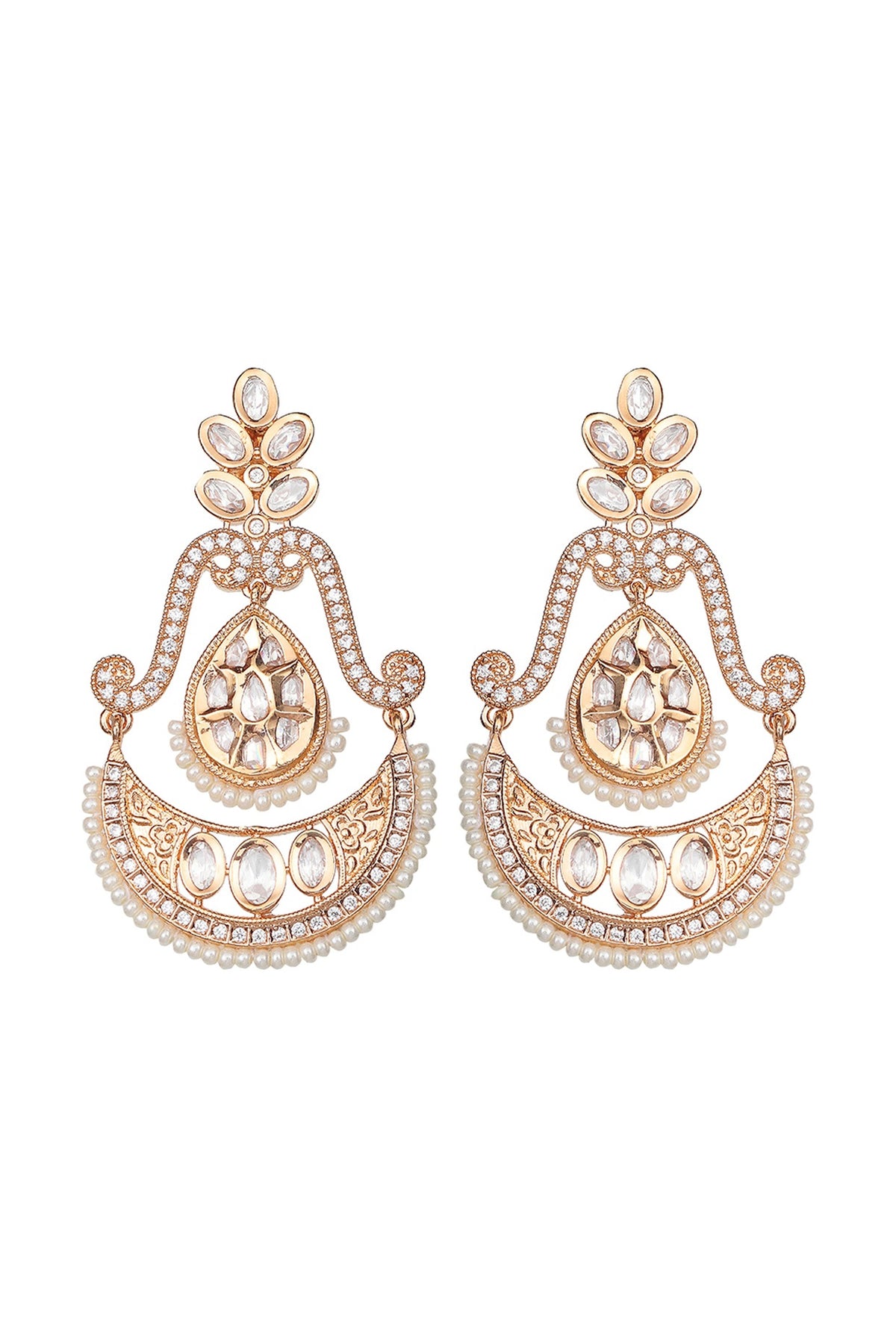 Gold Finish Faux Diamond & White Beaded Chandbaali Earrings