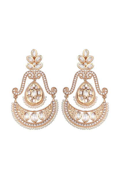Gold Finish Faux Diamond & White Beaded Chandbaali Earrings