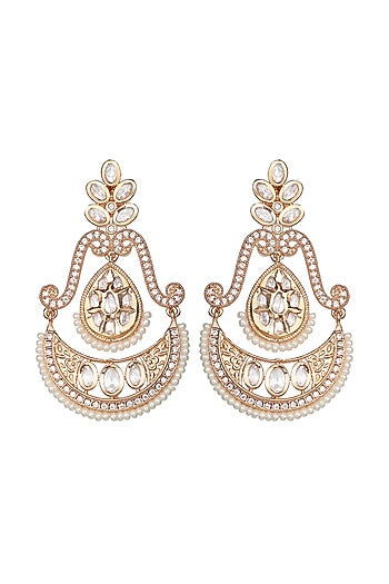 Gold Finish Faux Diamond & White Beaded Chandbaali Earrings