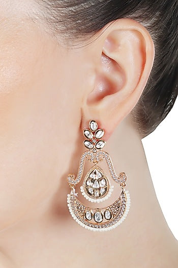 Gold Finish Faux Diamond & White Beaded Chandbaali Earrings
