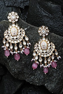 Gold Finish Faux Diamond & Beaded Meenakari Chandbaali Earrings