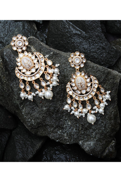 Gold Finish Faux Diamond & Kundan Polki Meenakari Chandbaali Earrings