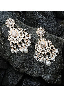 Gold Finish Faux Diamond & Kundan Polki Meenakari Chandbaali Earrings