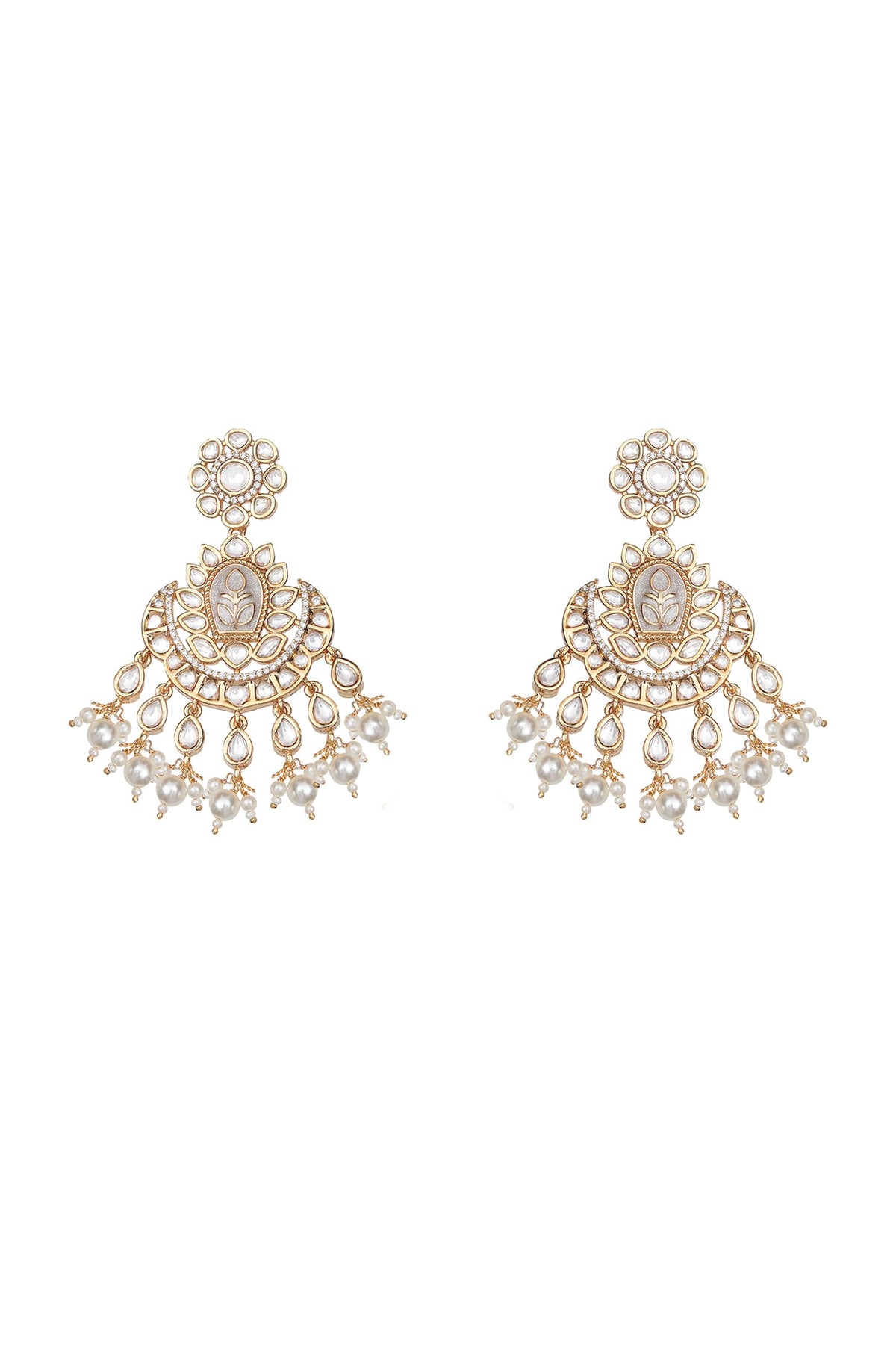 Gold Finish Faux Diamond & Kundan Polki Meenakari Chandbaali Earrings