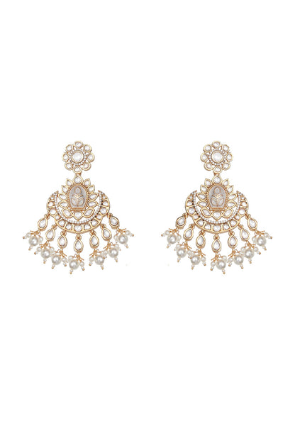 Gold Finish Faux Diamond & Kundan Polki Meenakari Chandbaali Earrings