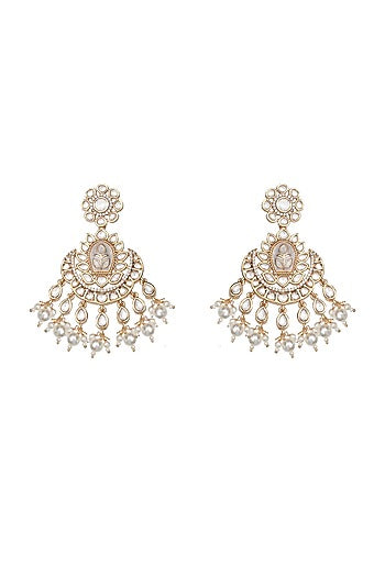 Gold Finish Faux Diamond & Kundan Polki Meenakari Chandbaali Earrings