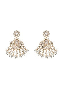 Gold Finish Faux Diamond & Kundan Polki Meenakari Chandbaali Earrings
