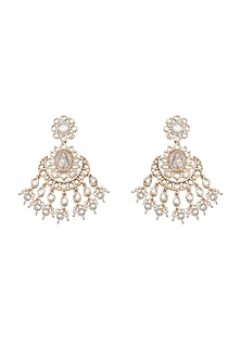 Gold Finish Faux Diamond & Kundan Polki Meenakari Chandbaali Earrings