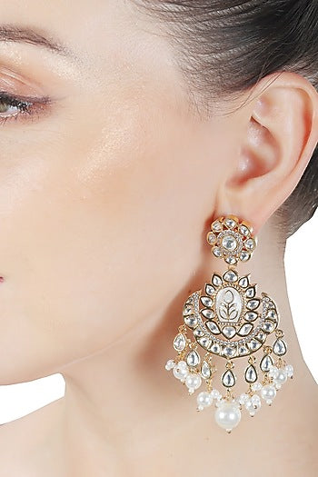 Gold Finish Faux Diamond & Kundan Polki Meenakari Chandbaali Earrings