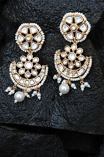 Gold Finish Kundan Polki & Beaded Dangler Earrings