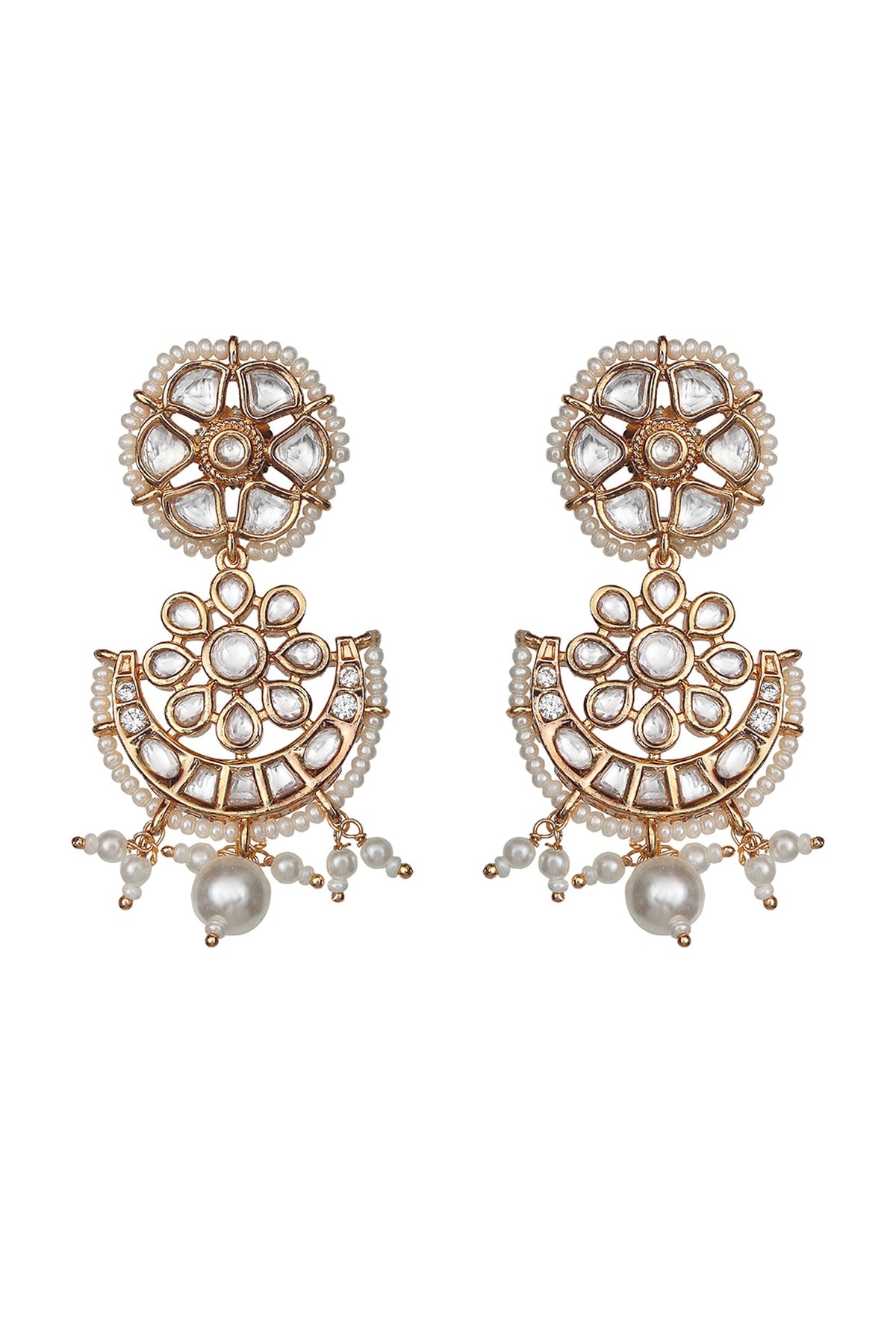 Gold Finish Kundan Polki & Beaded Dangler Earrings