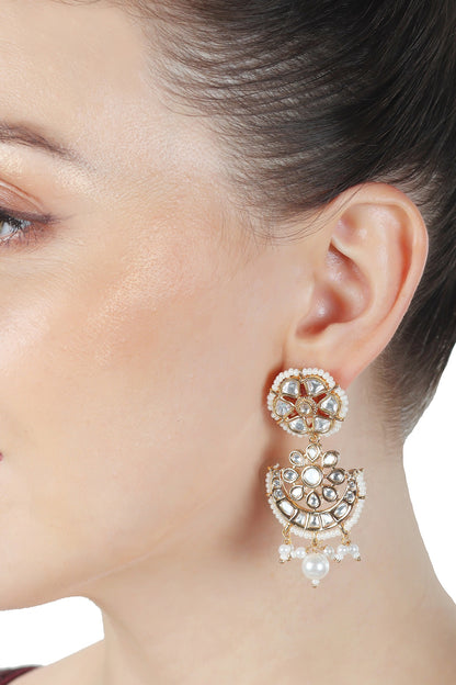 Gold Finish Kundan Polki & Beaded Dangler Earrings