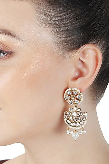Gold Finish Kundan Polki & Beaded Dangler Earrings