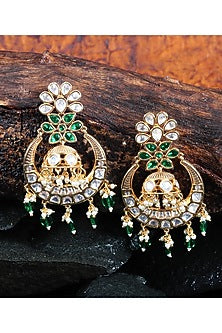 Gold Finish Green Kundan Polki & Beaded Chandbali Earrings