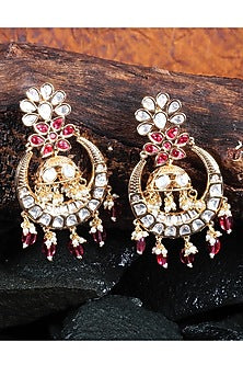 Gold Finish Red Kundan Polki & Beaded Chandbali Earrings