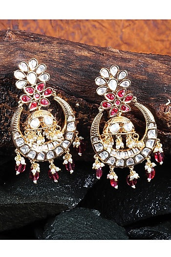 Gold Finish Red Kundan Polki & Beaded Chandbali Earrings