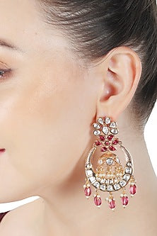 Gold Finish Red Kundan Polki & Beaded Chandbali Earrings