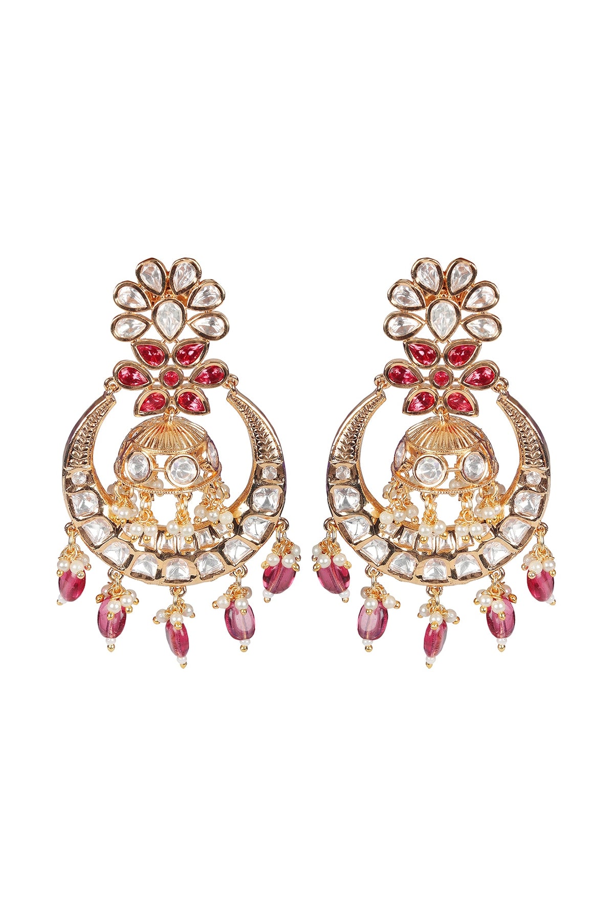 Gold Finish Red Kundan Polki & Beaded Chandbali Earrings