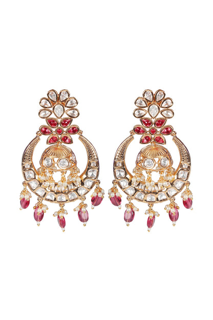 Gold Finish Red Kundan Polki & Beaded Chandbali Earrings